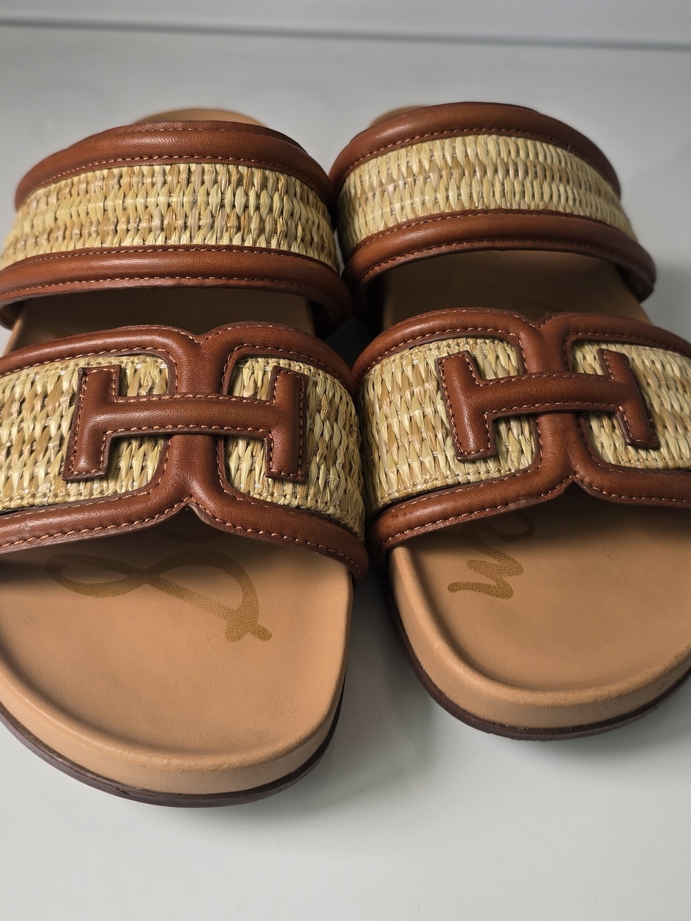 Aldo Tan Leather & Raffia Double-Band Slide Sandals